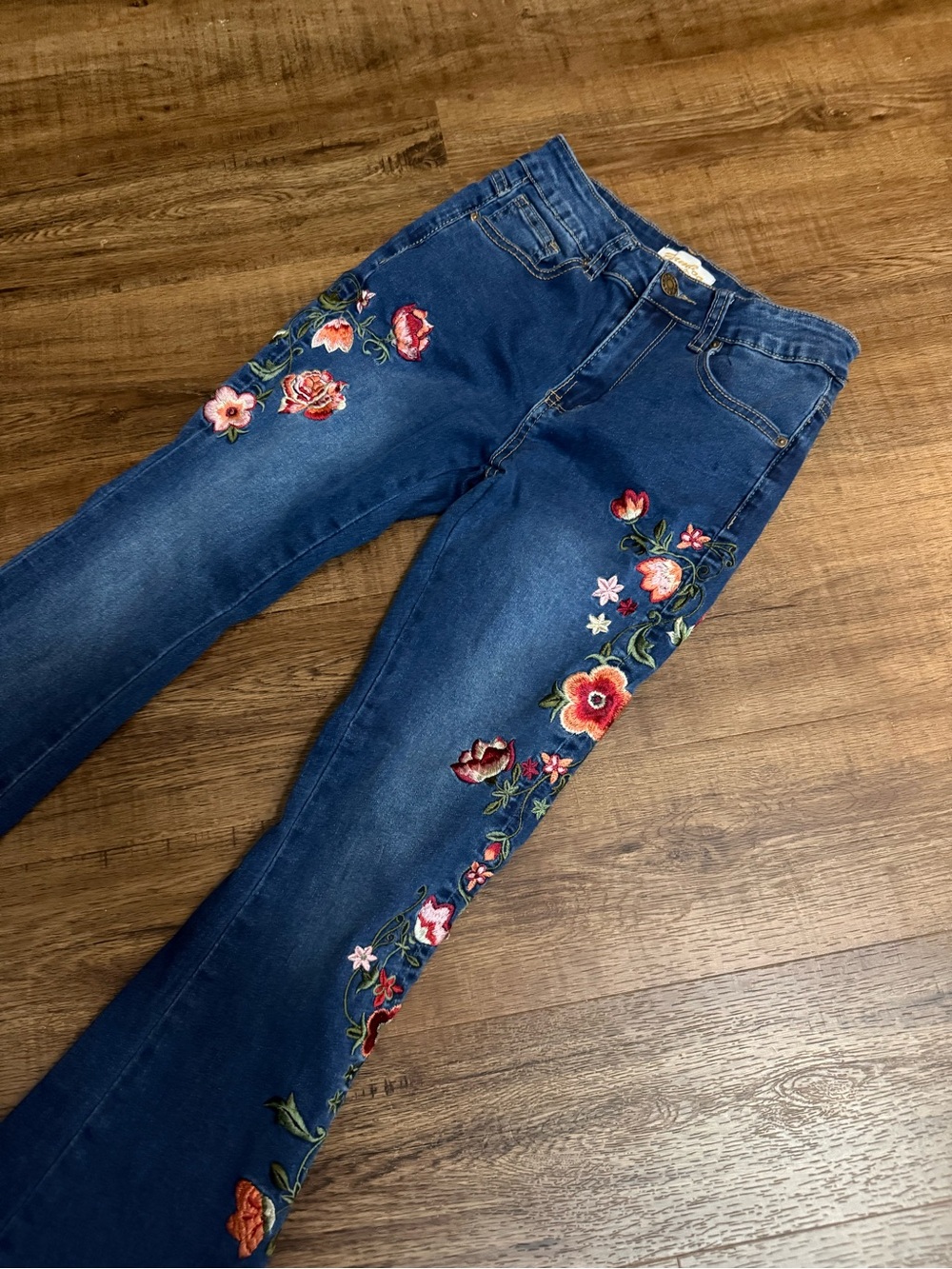 BAMBOO Dark Blue Embroidered Floral Flare Jeans - Picture 6 of 9